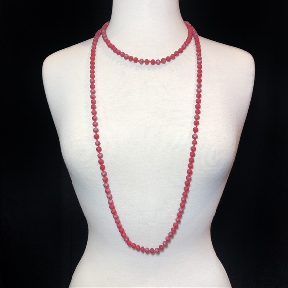 Super Long Red Glass Beaded Necklace Earrings Set - Picture 3 of 7
